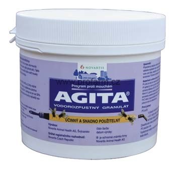 Agita 10 WG proti mouchám Postřik AGITA 10 WG na mouchy ve stáji, nástraha ve formě vodorozpustného granulátu k hubení mouchy domácí